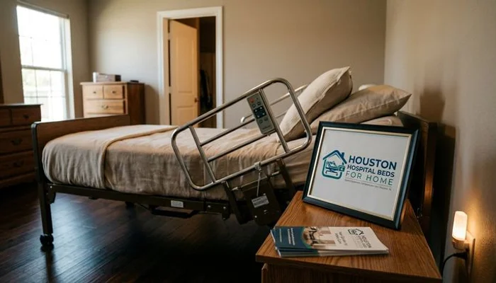 Bedroom safety setup with half-length side rail on hospital bed, nightlight on floor, and clear walking path
