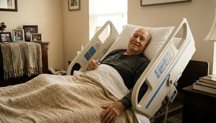 Full-electric hospital bed in a comfortable home bedroom with all-electric controls