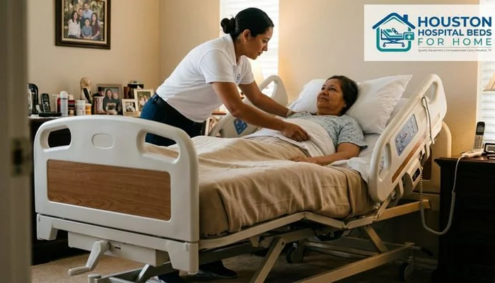 Semi-electric hospital bed with hand pendant and manual crank at the foot of the bed