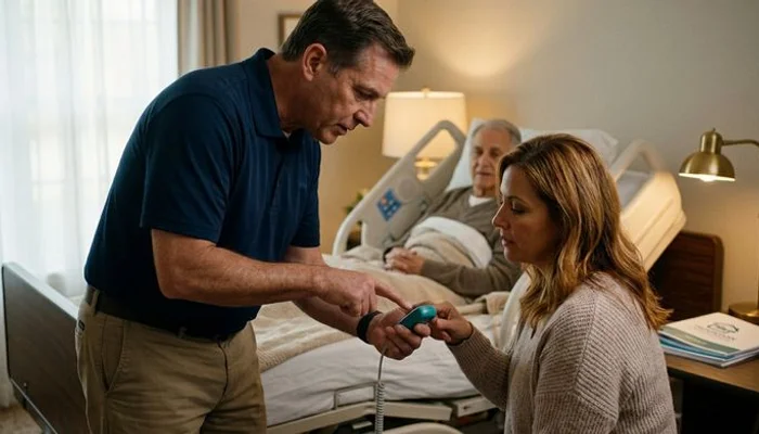 Delivery technician training caregiver on hospital bed hand pendant controls in home bedroom